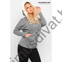 Masca Fashion szőrmeszegélyes kapucnis, vastagabb rugalmas punto anyagú kenguruzsebes szűk szürke melange felső, pulóver