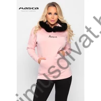 Masca Fashion szőrmeszegélyes kapucnis, vastagabb rugalmas punto anyagú kenguruzsebes szűk rózsaszín felső, pulóver