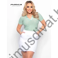 Masca Fashion galléros V-nyakú, madeira mintás mentazöld színű rövid ujjú szűk felső