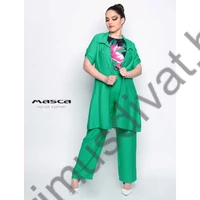 Masca Fashion lenes hatású, felcsatolós rövid ujjú laza borsózöld ingruha szövött, kreppes blúzanyagból