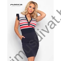 Masca Fashion kék-fehér-piros csíkos rövid lepkeujjú szűk viszkóz felső