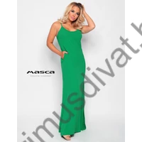 Masca Fashion élénkzöld kreppes anyagú spagettipántos, A-vonalú lenge nyári maxi ruha, oldalvarrásba rejtett zsebekkel, oldalt felsliccelve