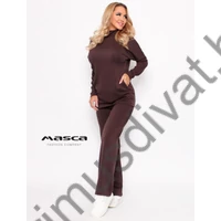 Masca Fashion sötétbarna, gumis derekú zsebes, bő szárú rugalmas punto anyagú nadrág