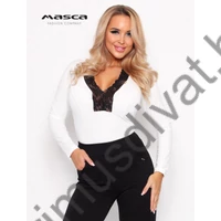 Masca Fashion fekete csipke szegélyes V-nyakú, hosszú ujjú törtfehér szűk felső