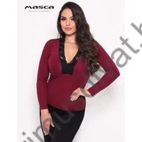 Masca Fashion fekete csipke szegélyes V-nyakú, hosszú ujjú burgundi bordó szűk felső