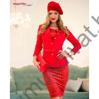 Mystic Day hosszú ujjú környakas piros Linett blézer, zakó, arany színű gombokkal, anyagából készült övvel