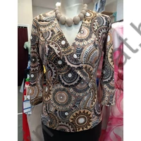 Mystic Day arany színnel kontúrozott őszi színtónusú mandala mintás, háromnegyedes ujjú szűk felső, jobb oldalán gallérral