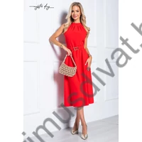 Mystic Day derékban szabott A-vonalú, ujjatlan piros Emili midi ruha, oldalvarrásba rejtett zsebekkel, anyagából készült arany színű csatos gumis övvel