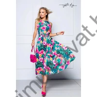 Mystic Day színes dzsungelmintás ujjatlan, csónaknyakú lenge nyári Pille maxi ruha, rugalmas anyagból, derekán gumírozással, anyagából készült gumis övvel