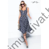 Mystic Day kék-fehér pöttyös kreppes hatású anyagú Bonbonetti midi ruha, svéd zsebekkel, szoknyarésze rakásokkal bővülő, anyagából készült gumis övvel