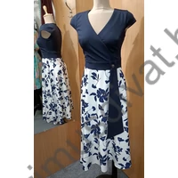 Mystic Day egyszínű, átlapolt mellrészű, ekrü-sötétkék mintás, enyhén bővülő szoknyarészű rugalmas, rövid ujjú Athéna midi ruha, lenge anyagból