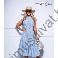 Mystic Day világoskék-fehér csíkos, lenes-kreppes hatású szövött anyagú lenge ujjatlan Katerina ruha, anyagából készült gumis övvel