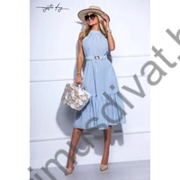 Mystic Day világoskék-fehér csíkos, lenes-kreppes hatású szövött anyagú lenge ujjatlan Katerina ruha, anyagából készült gumis övvel