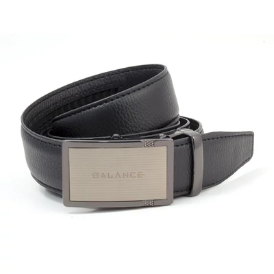 Balance racsnis záródású, varrott fekete bőrszíjas, gravírozott csiszolt hatású fém csatos öv