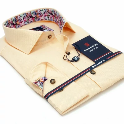 Balance anyagában szövött mintás barack színű hosszú ujjú slim-fit ing, színes mintás betétekkel