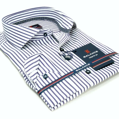 Balance cápanyakú, kék csíkos fehér hosszú ujjú slim-fit ing Balance cápanyakú, kék csíkos fehér hosszú ujjú slim-fit ing