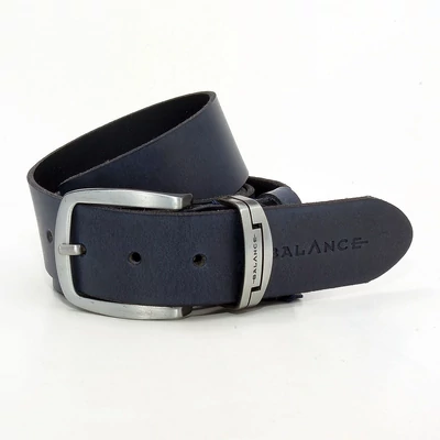 Balance vastag feketéskék bőr farmeröv, derékszíj, világos fém csattal, bújtatóján gravírozott márkafelirattal