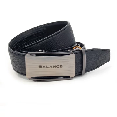 Balance racsnis záródású, varrott fekete bőrszíjas, csiszolt hatású, kivágott, gravírozott fém csatos öv