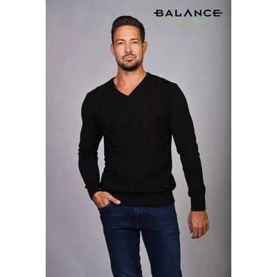 Balance V-nyakú, 3D mintás elejű fekete vékony kötött Velmor pulóver Balance V-nyakú, 3D mintás elejű fekete vékony kötött Velmor pulóver