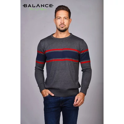 Balance környakas, sötétkék-piros csíkos szürke vékony kötött Liner pulóver