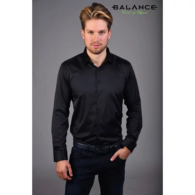 Balance normál galléros, fekete rugalmas pamutszatén, slim-fit hosszú ujjú alkalmi ing Balance normál galléros, fekete rugalmas pamutszatén, slim-fit hosszú ujjú alkalmi ing