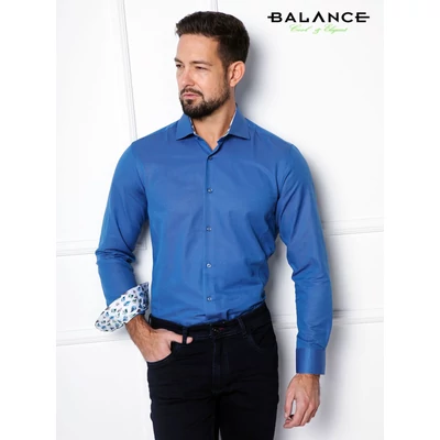 Balance farmerkék hosszú ujjú slim-fit pamutvászon Level ing, gallérja és mandzsettája belső felén színes levélmintás betétekkel Balance farmerkék hosszú ujjú slim-fit pamutvászon Level ing, gallérja és mandzsettája belső felén színes levélmintás betétekkel