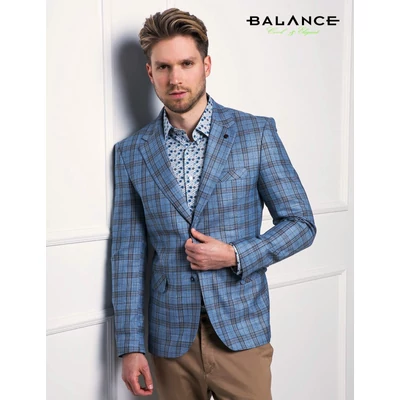 Balance kék alapon drapp-barna négyzetrács mintás (kockás) rugalmas szövet anyagú két gombos, két slicces karcsúsított Deim zakó Balance kék alapon drapp-barna négyzetrács mintás (kockás) rugalmas szövet anyagú két gombos, két slicces karcsúsított Deim zakó