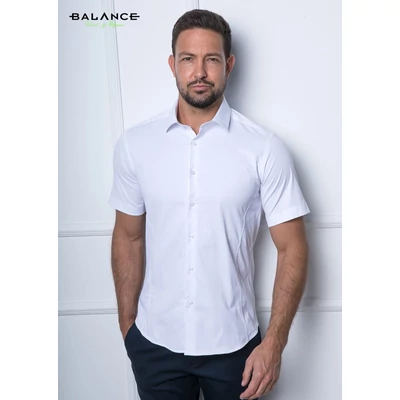 Balance normál galléros, fehér rugalmas pamutszatén, slim-fit rövid ujjú alkalmi ing