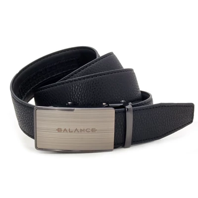 Balance racsnis záródású, varrott bőrszíjas, gravírozott, csiszolt hatású fém csatos fekete öv