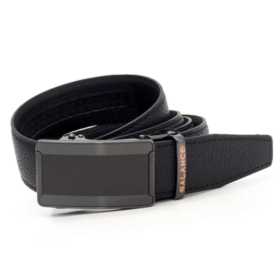 Balance racsnis záródású, varrott fekete bőrszíjas, gravírozott bújtatójú, fekete betétes antikolt hatású fém csatos öv