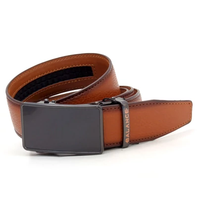 Balance racsnis záródású, varrott camel-barna bőrszíjas, gravírozott bújtatójú barna betétes antikolt hatású fém csatos öv