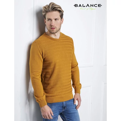 Balance V-nyakú, domború mintás elejű okkersárga kötött Veborder pulóver