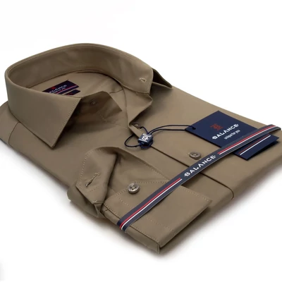 Balance normál galléros, drapp rugalmas pamutszatén, slim-fit hosszú ujjú alkalmi ing Balance normál galléros, drapp rugalmas pamutszatén, slim-fit hosszú ujjú alkalmi ing