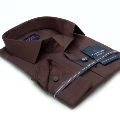 Balance normál galléros, sötétbarna rugalmas pamutszatén, slim-fit hosszú ujjú alkalmi ing