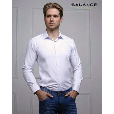 Balance normál galléros fehér, karcsúsított-nyújtott fazonú long-slim-fit rugalmas pamutszatén hosszú ujjú alkalmi ing Balance normál galléros fehér, karcsúsított-nyújtott fazonú long-slim-fit rugalmas pamutszatén hosszú ujjú alkalmi ing