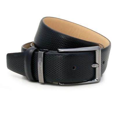 Balance nyelves csatos fekete, mintás felületű elegáns bőr öltöny öv, bújtatóján gravírozott márkafelirattal