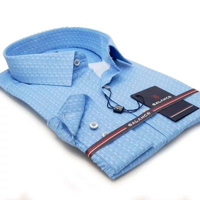 Balance nyomott világoskék-fehér mintás hosszú ujjú, karcsúsított fazonú, rugalmas anyagú Bluer slim-fit ing Balance nyomott világoskék-fehér mintás hosszú ujjú, karcsúsított fazonú, rugalmas anyagú Bluer slim-fit ing