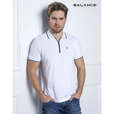 Balance galléros-cipzáras nyakú rövid ujjú Zipp fehér rugalmas piké póló, fekete paszpólokkal