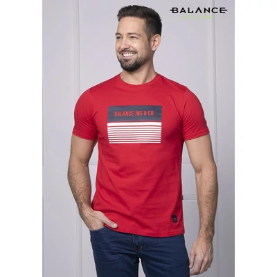 Balance környakas piros rövid ujjú ABL póló, mellén nagyméretű fehér-kék márkafeliratos nyomattal