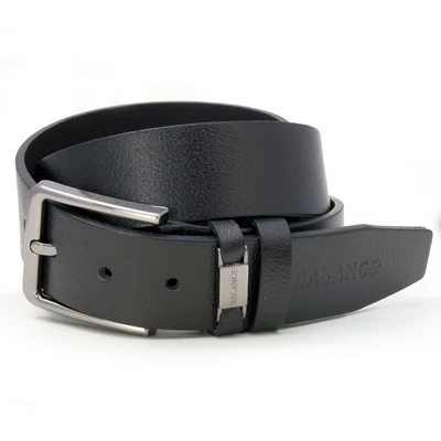 Balance nyelves csatos egyrétegű fekete elegáns bőr öv, bújtatóján és a szíj végén márkafelirattal