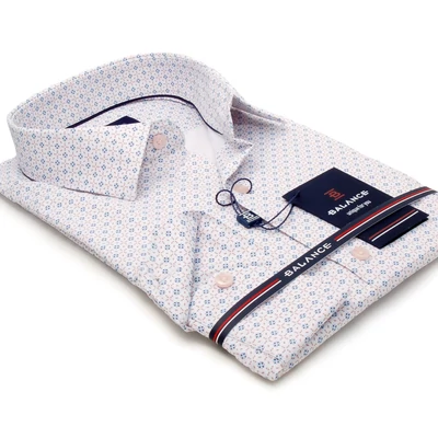 Balance fehér alapon nyomott kék-drapp aprómintás hosszú ujjú, rugalmas anyagú, hagyományos szabásvonalú Porem regular-fit ing