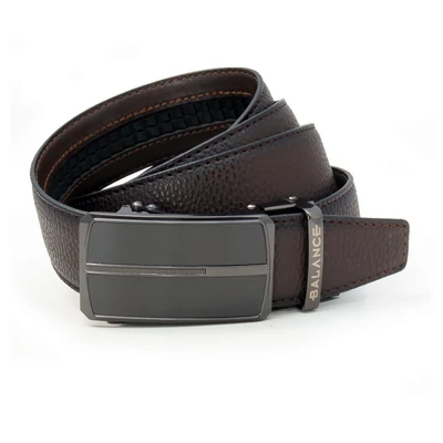 Balance racsnis záródású, varrott bőrszíjas, műgyanta betétes fém csatos sötétbarna öv, fém bújtatóján gravírozott márkafelirattal