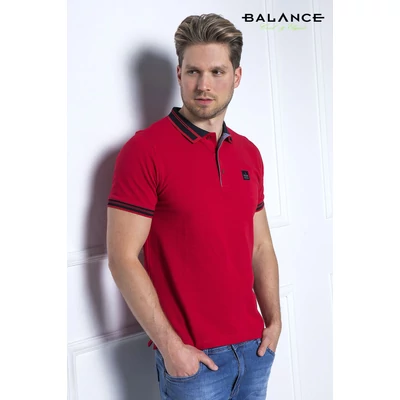 Balance galléros-gombos rövid ujjú Vison piros színű piké póló, sötétkék betétekkel