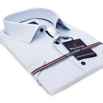 Balance normál galléros, világoskék alapon sötététkék apró pöttyös rugalmas pamutszatén, hagyományos bő szabásvonalú regular-fit rövid ujjú alkalmi Vardi ing