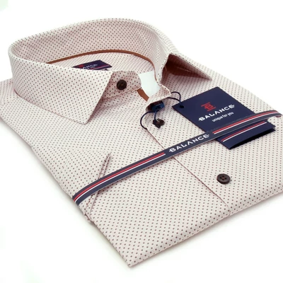 Balance normál galléros, drapp alapon sötététbarna apró pöttyös rugalmas pamutszatén, hagyományos bő szabásvonalú regular-fit rövid ujjú alkalmi Vardi ing