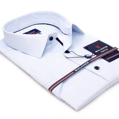 Balance normál galléros, világoskék alapon apró szürke pöttyös rugalmas pamutszatén karcsúsított szabásvonalú slim-fit rövid ujjú alkalmi Purt ing