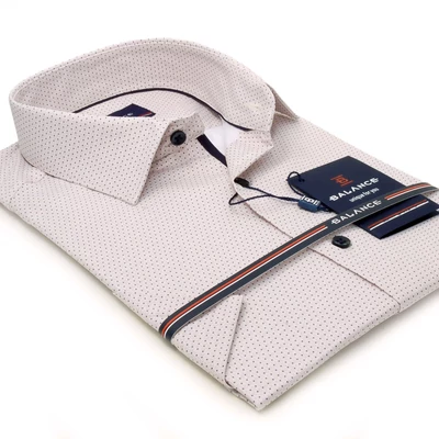 Balance normál galléros, drapp alapon apró szürke pöttyös rugalmas pamutszatén karcsúsított szabásvonalú slim-fit rövid ujjú alkalmi Purt ing