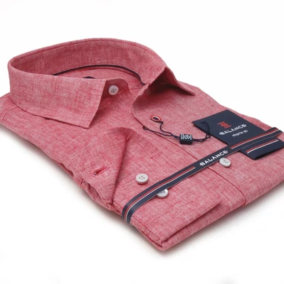Balance enyhén karcsúsított piros-melange színű len-pamut anyagú lezser hosszú ujjú Firenze slim-fit ing