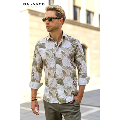 Balance enyhén karcsúsított hosszú ujjú, keki-drapp dzsungelmintás lenes hatású pamut anyagú lezser Paradise slim-fit ing