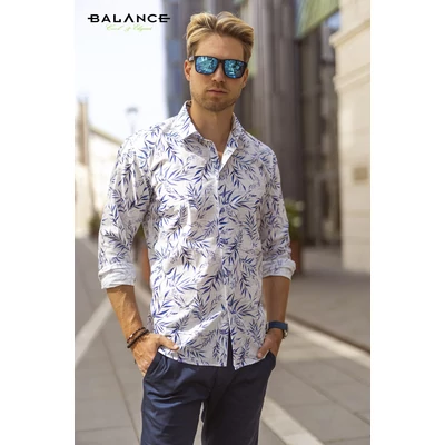 Balance enyhén karcsúsított hosszú ujjú, fehér alapon kék növénymintás lenes hatású pamut anyagú lezser Paradise slim-fit ing